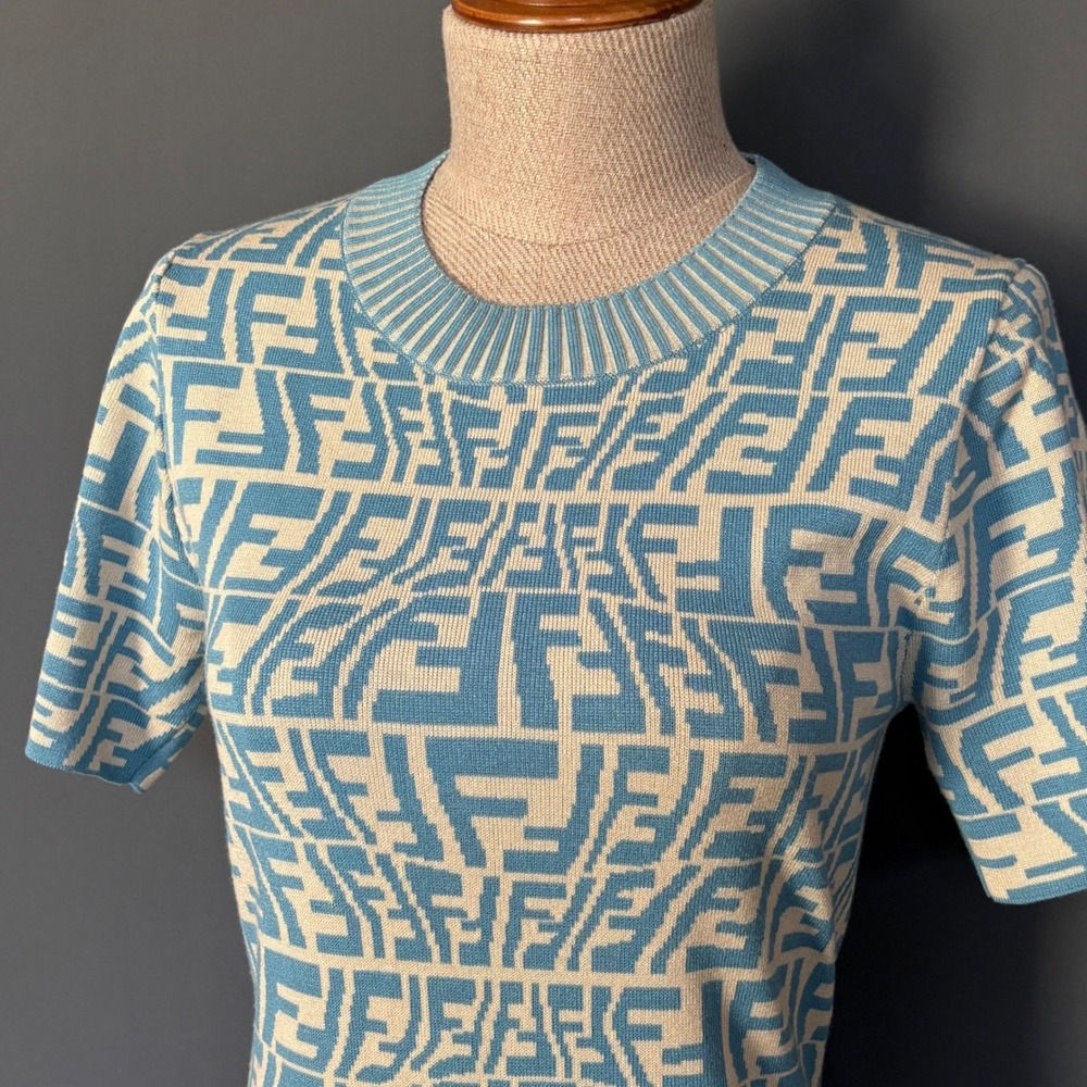 Rare Fendi FF Optical Illusion Wool Knit Dress | US 6 | Blue Ivory | Winter 2019
